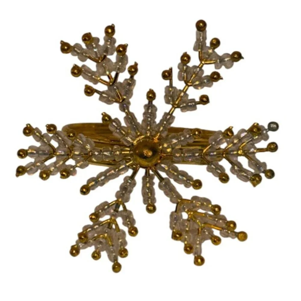 Set 6 White Clear Seed Beaded Gold Winter Christmas Snowflake Napkin Rings